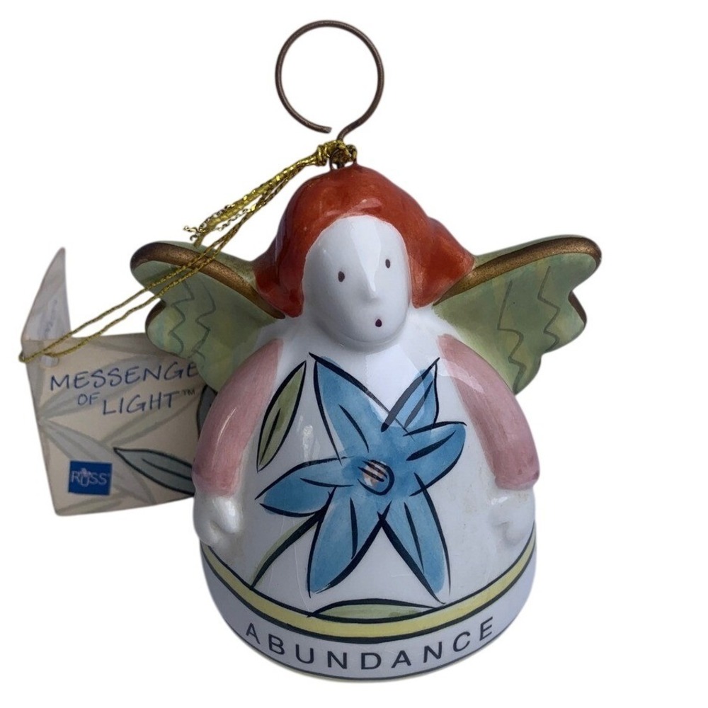 Russ‎ Messengers of Light Abundance Angel Bell Ornament Ceramic Blue Flower